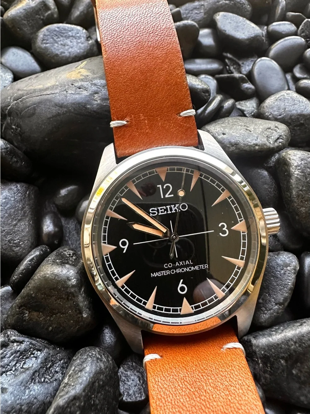 Seiko Mod Black Dial Watch with Tan Leather Strap